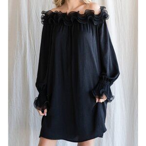 Jodifl NEW Black Ruffle Off Shoulder Long Sleeve Lined Mini Dress S M L